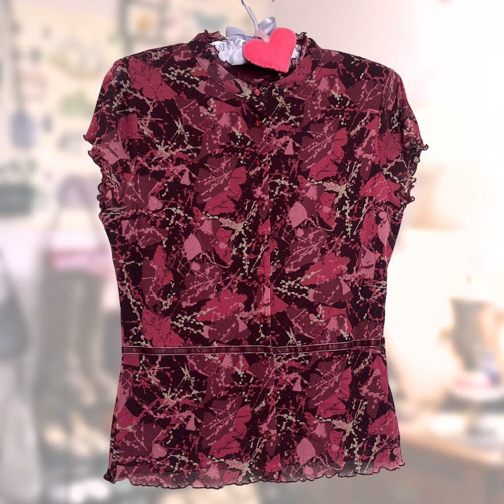 Vintage Cute Medium Y2K Mesh Sheer 90s Blouse Red Floral Lettuce Hem Whimsygoth